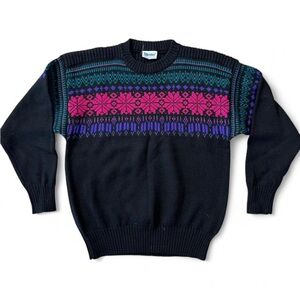 Vintage Meister Wool Black Sweater with Pink and Blue Pattern